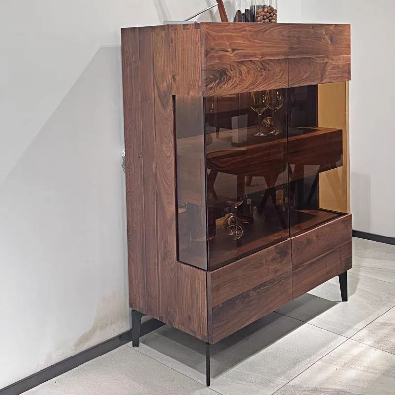 北美黑胡桃餐边柜客厅靠墙一体储物柜F全实木酒柜展示柜简约玻璃