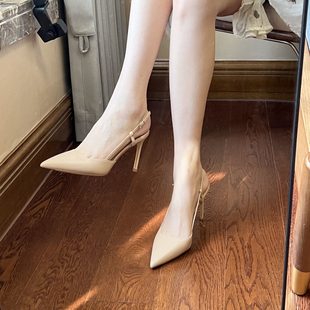 裸色一字带包头凉鞋女o2023年夏季新款尖头细跟设计感不累脚高跟