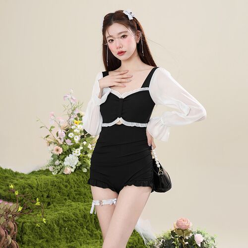 连体泳衣女夏202l4新款爆款度假高级感保守显瘦遮肚长袖平角游泳