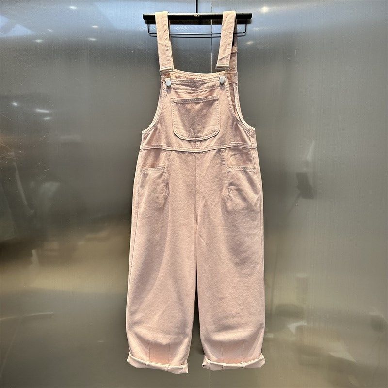 粉色减龄水洗f牛仔背带裤女夏季2024新款宽松韩版显瘦连体阔腿裤