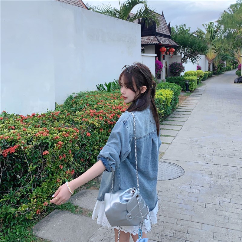 小小家 小个子小码做旧浅蓝色牛仔衬衫长袖25年春新款薄X款衬衣15