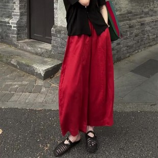 新款 酒红色洋气宽松时尚 女A2025夏季 感大码 休闲风简约阔腿 亚麻裤