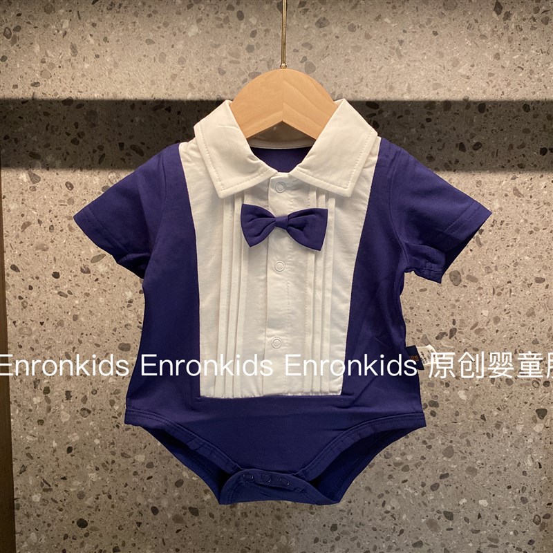 宝宝夏季包屁衣绅士领结假两件男新生婴儿百天满T月洋气时尚连体