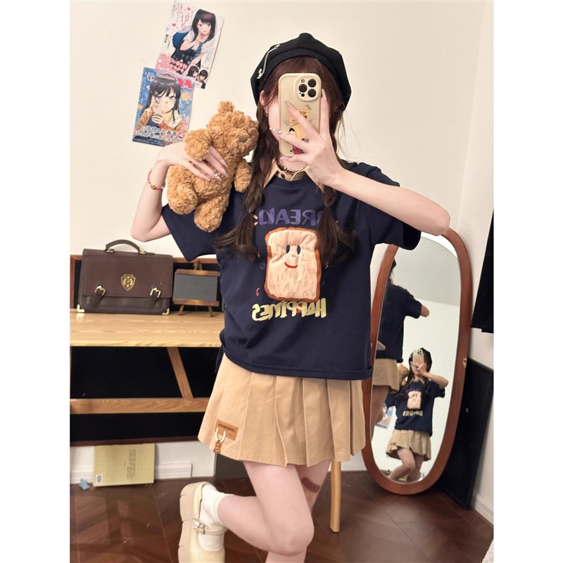 织物猪 椰椰吐司 清新休闲风杏色百褶裙J套装夏女假两件T恤两件套