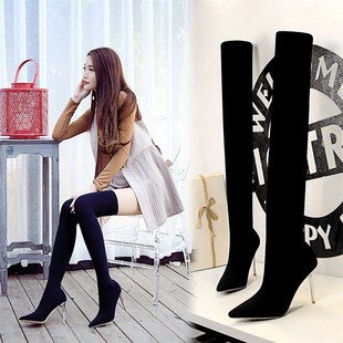 新款丝袜a靴尖头过膝长靴女细跟小个子瘦瘦靴高跟鞋弹力袜筒靴春