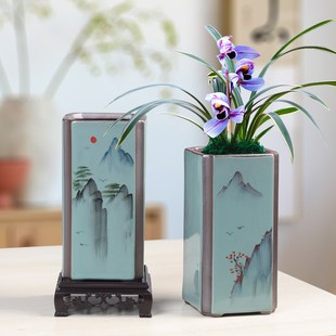 客厅造景复古陶瓷家用桌面悬崖老桩兰花盆景 紫砂花盆四方高款