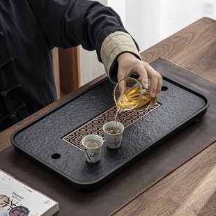 干泡台石头轻奢现代茶盘托盘 家用乌金瓷石茶盘茶具茶台储水排水式