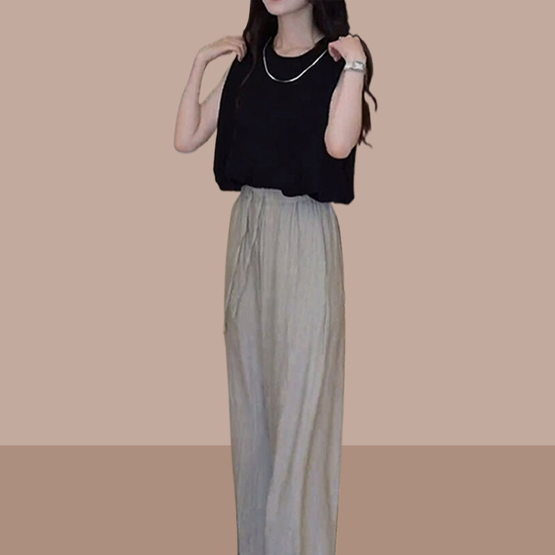 时尚套装女夏季新款洋气无袖圆领韩版垂感阔腿裤宽W松百搭减龄套