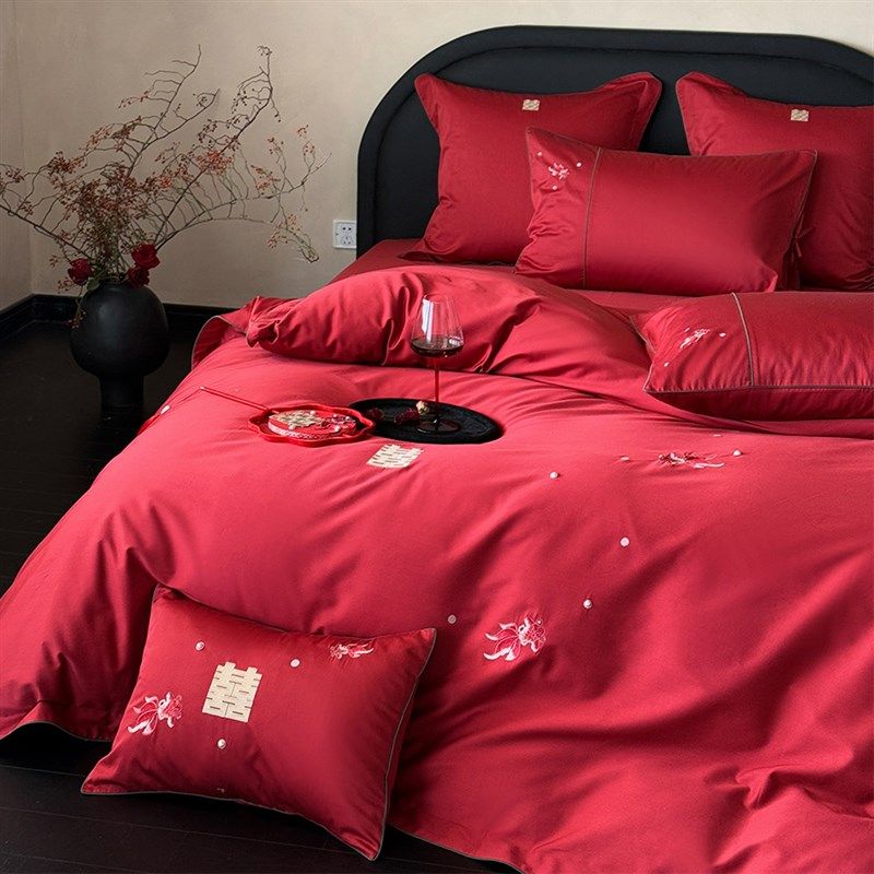 简约新中式婚庆i四件套全棉大红色锦鲤刺绣结婚被套床单床上用品,床上用品,婚庆床品套件,淘宝优惠券,粉丝福利购,淘宝优惠卷