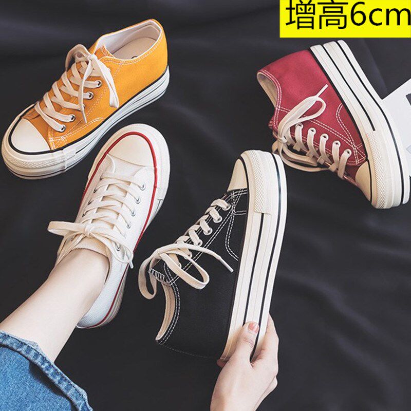 厚底内增高6厘米帆布鞋女学生夏季新款休闲O松糕低帮小码白板鞋子