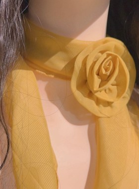 韩版气质百搭黄色玫瑰花朵纱巾窄围巾长款飘带颈带项圈绑带项链