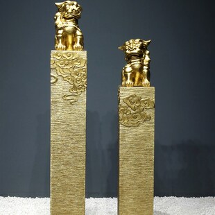 新中式摆件入户门玄关装饰栓马柱金色招财貔貅一对麒麟拴马桩立柱