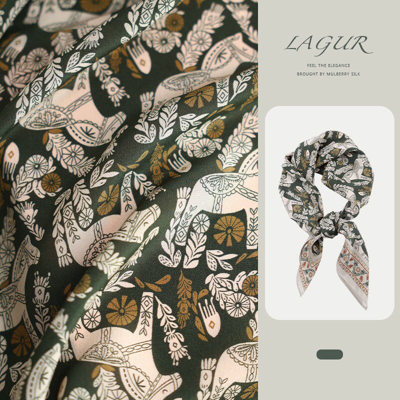 绿色系小马驹100%桑蚕丝70方巾真丝丝巾围巾搭配衬衫新款女高级感