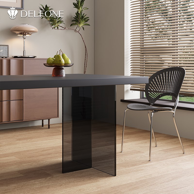 德利丰亚克力悬浮岩板餐桌下挂款纯黑色长方形小户型餐厅家用饭桌