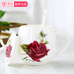 陶瓷杯带盖大容量马克杯大肚子早餐杯子骨瓷家用办公室水杯带勺
