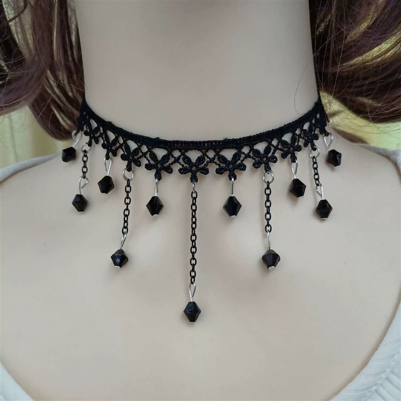 韩版项链女黑色蕾丝锁骨链脖链简约学生项圈多珠子颈链颈带饰品