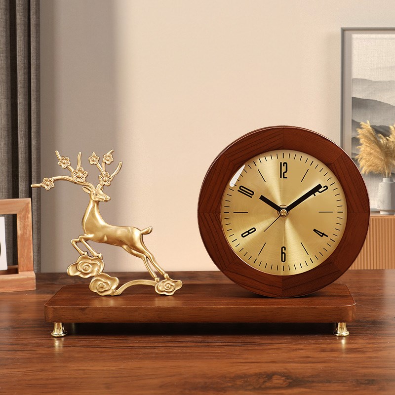 新中式实木黄铜座钟客厅摆台式桌面时钟摆件家用玄关电视柜台坐钟