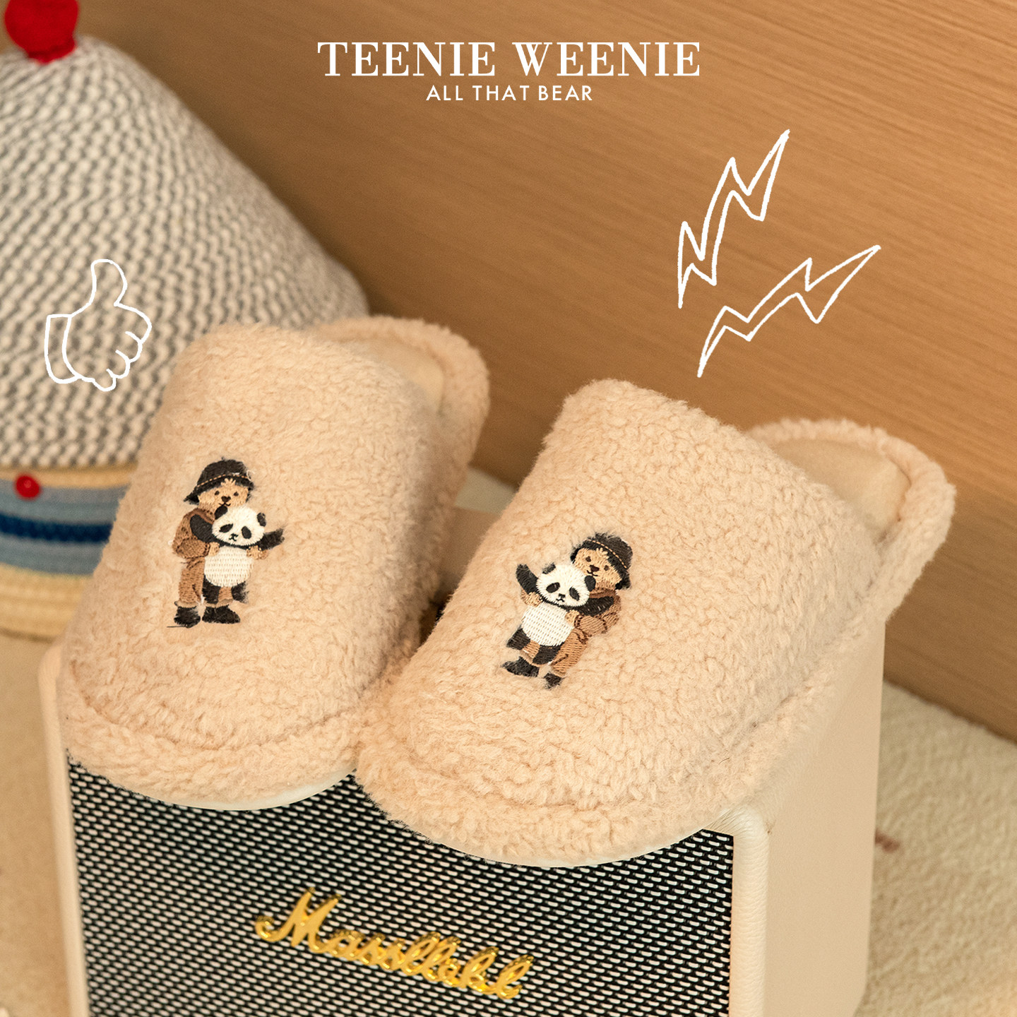 TeenieWeenie小熊刺绣熊猫保暖毛绒拖鞋冬季居家室内棉拖2026新款