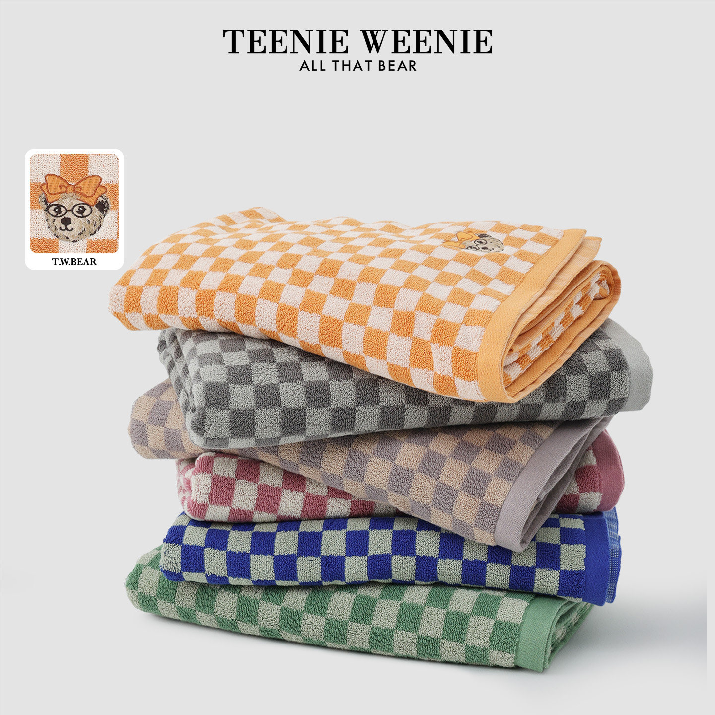 TeenieWeenie小熊刺绣棋盘格浴巾不掉毛纯棉吸水抑菌成人全棉毛巾