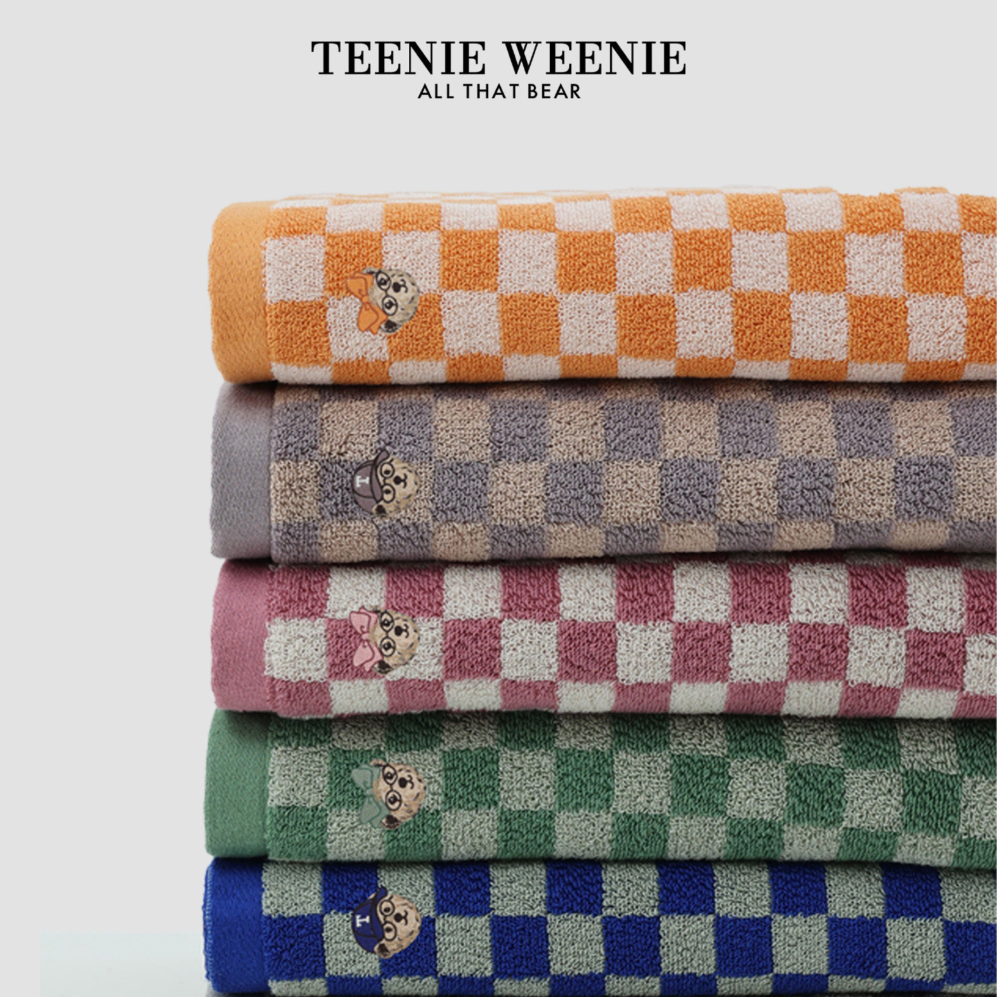 TeenieWeenie小熊A类抗菌棋盘格全棉毛巾纯棉不掉毛吸水情侣浴巾