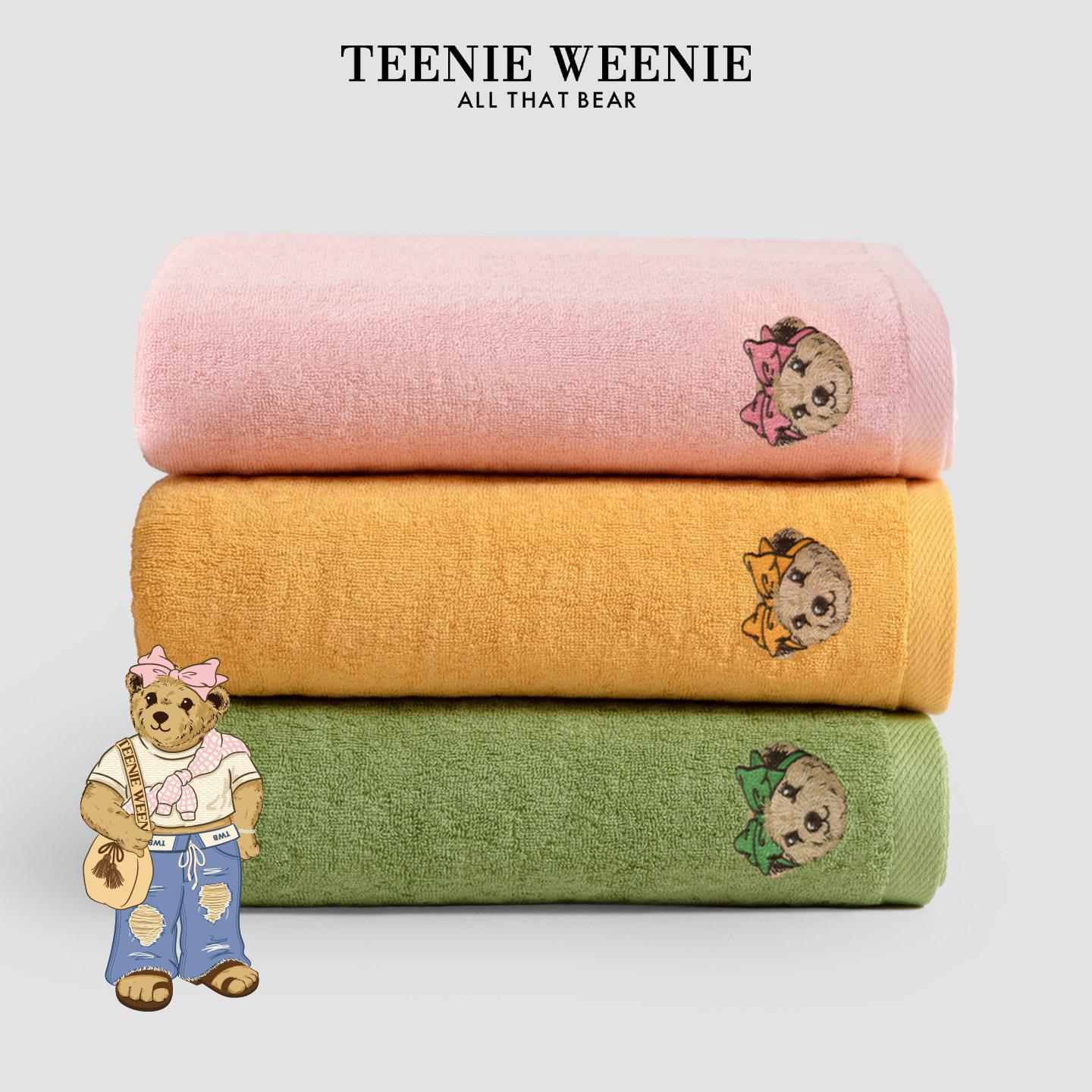TeenieWeenie小熊刺绣抗菌浴巾全棉男女毛巾吸水家用纯棉洗澡裹巾