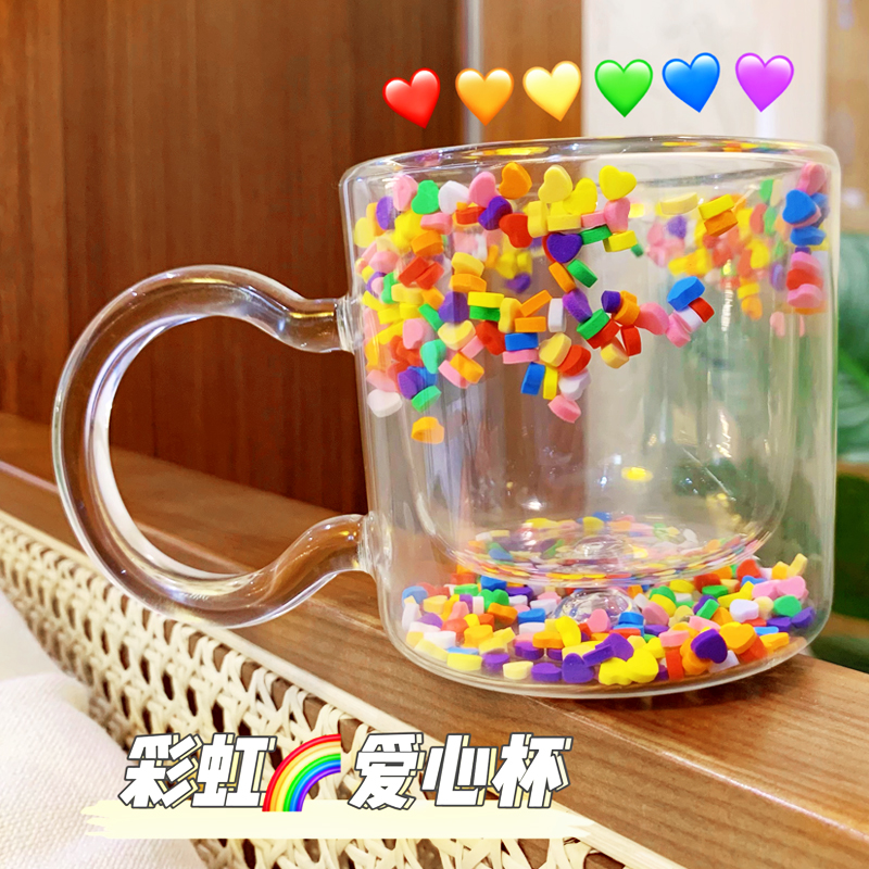 流沙杯可爱少女啵啵杯爱心流动双层玻璃杯带把手创意杯子女生喝水
