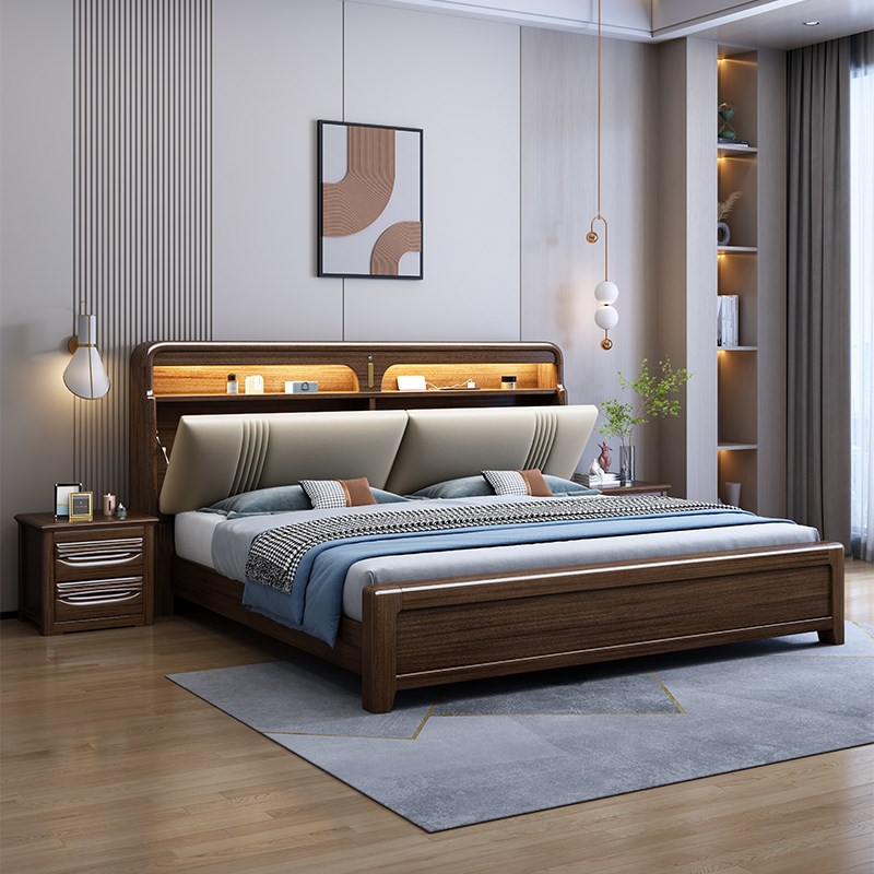 胡桃木床实木软包床双人1米5木床主卧简约现代两米乘两米二的大床