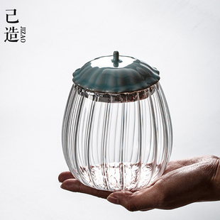 花瓣玻璃茶叶罐绿茶普洱创意竹盖陶瓷盖家用密封储物糖罐子 己造