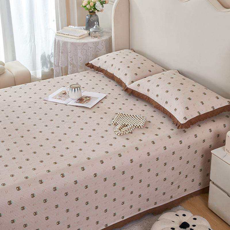 法式复古小碎花全棉绗缝夹棉花边床盖三件套棉花填充炕盖加厚床单