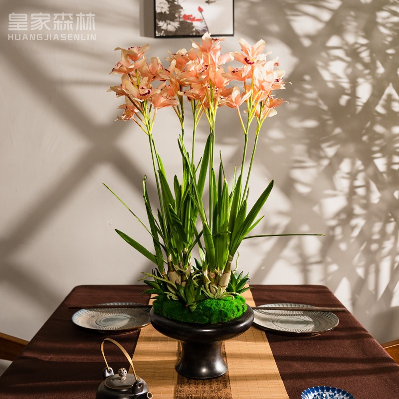 仿真蕙兰花盆栽假花卉插花艺客厅室内餐桌面角几绢花摆件摆设文化