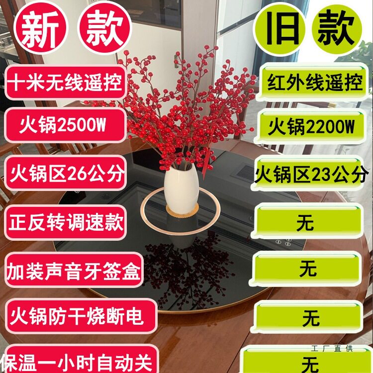 餐桌加热带电磁炉火锅家用电动自动旋转保温一体钢化玻璃圆桌转盘