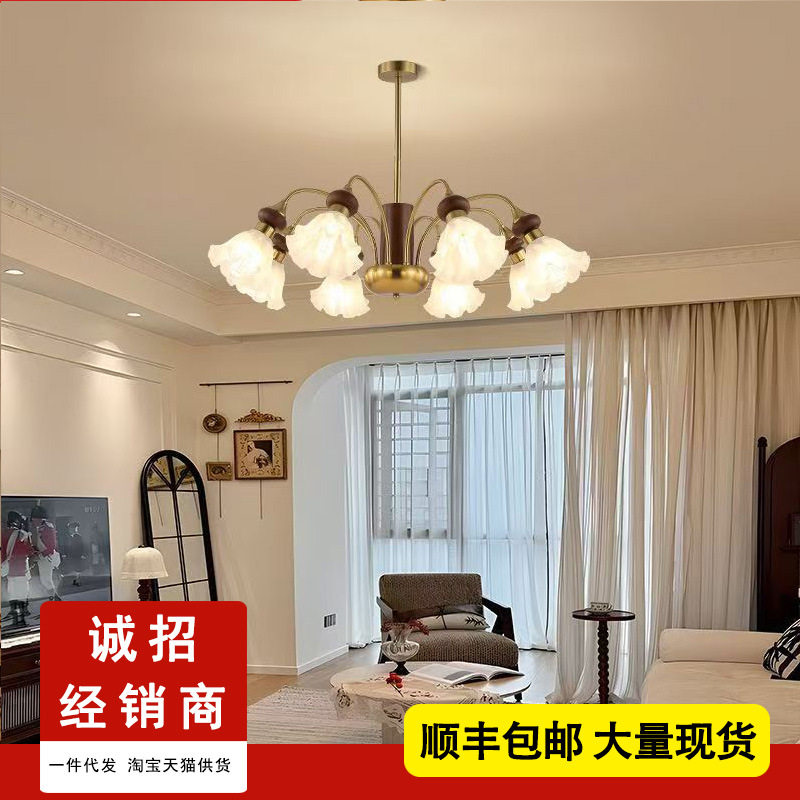 法式花朵全铜吊灯客厅灯复古玫瑰花吊灯美式中古轻奢卧室餐厅灯具