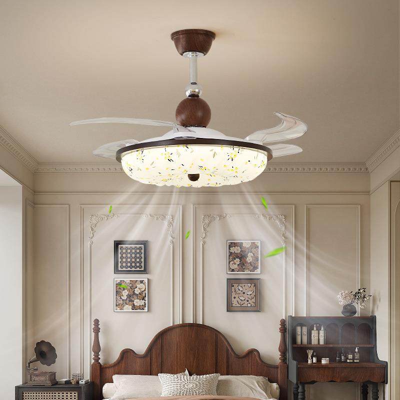 中古风卧室风扇灯吊灯宋代美学法式印花布艺静音房间餐厅吊扇吊灯