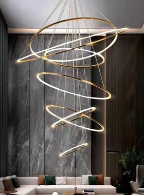 复式楼客厅大吊灯不锈钢轻奢简约别墅loft公寓跃层楼梯间圆环形灯