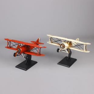 信天翁双翼铁皮飞机模型大号复古铁艺摆件摄影道具航空模型摆件