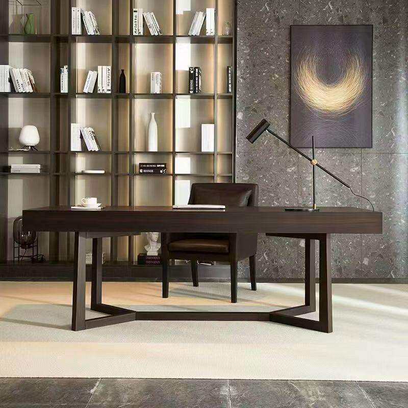 意式极简书房书桌家用轻奢现代简约设计师电脑桌烟熏实木办公桌子
