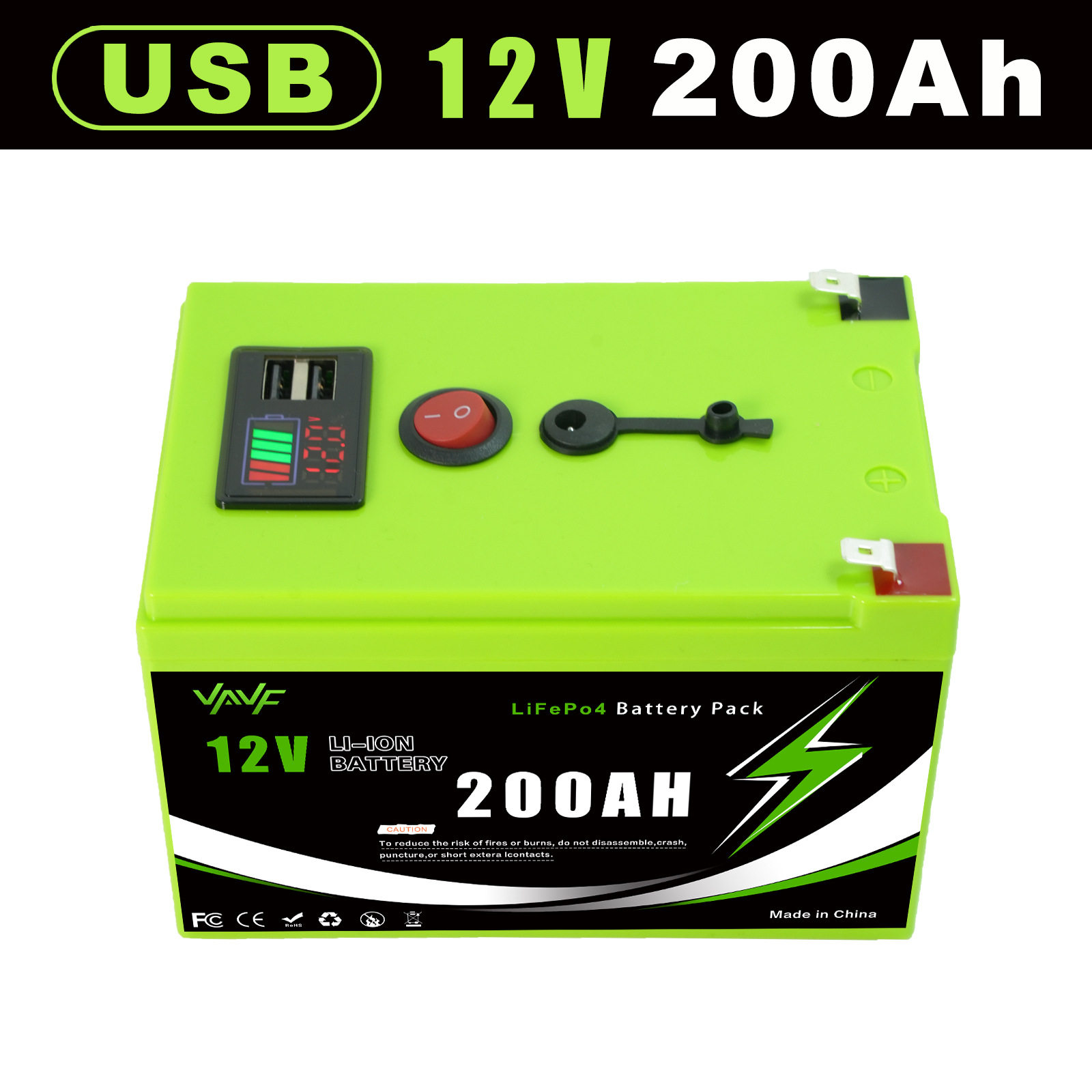 18650锂离子电池组高容12V 200AH,带BMS/双USB接口/电量显示屏
