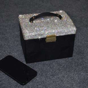 2023新款高档珠宝收纳箱双层多功能带镜子首饰盒创意镶钻收纳盒