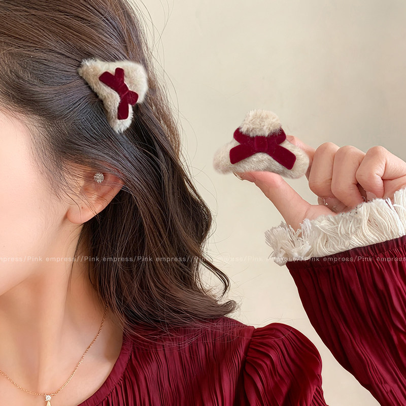 可爱蝴蝶结发夹女侧边秋冬毛绒公主头小抓夹刘海前额碎发夹子头饰