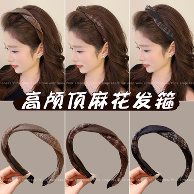 高颅顶格纹麻花毛呢发箍女秋冬压发头箍日常外戴洗脸发卡减龄头饰
