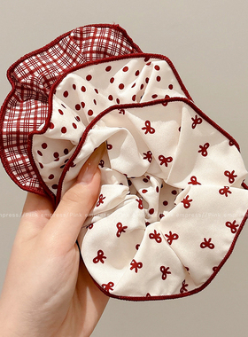 夏季甜美红色蝴蝶结波点格子大肠发圈女后脑勺半扎丸子头发绳发饰