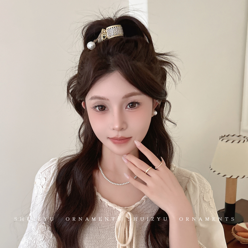 珍珠水钻高马尾抓夹女高级感