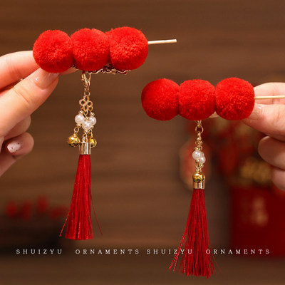 儿童新年醒狮发夹卡通毛绒发饰女童不伤发夹子侧边一字夹流苏发卡