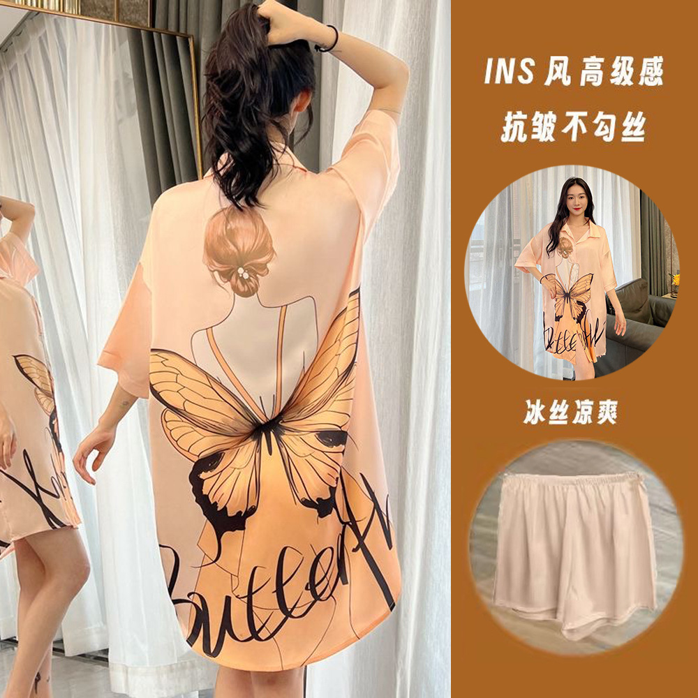 夏季衬衫睡裙性感冰丝短袖睡衣女印花甜美卡通宽松薄款家居服套装