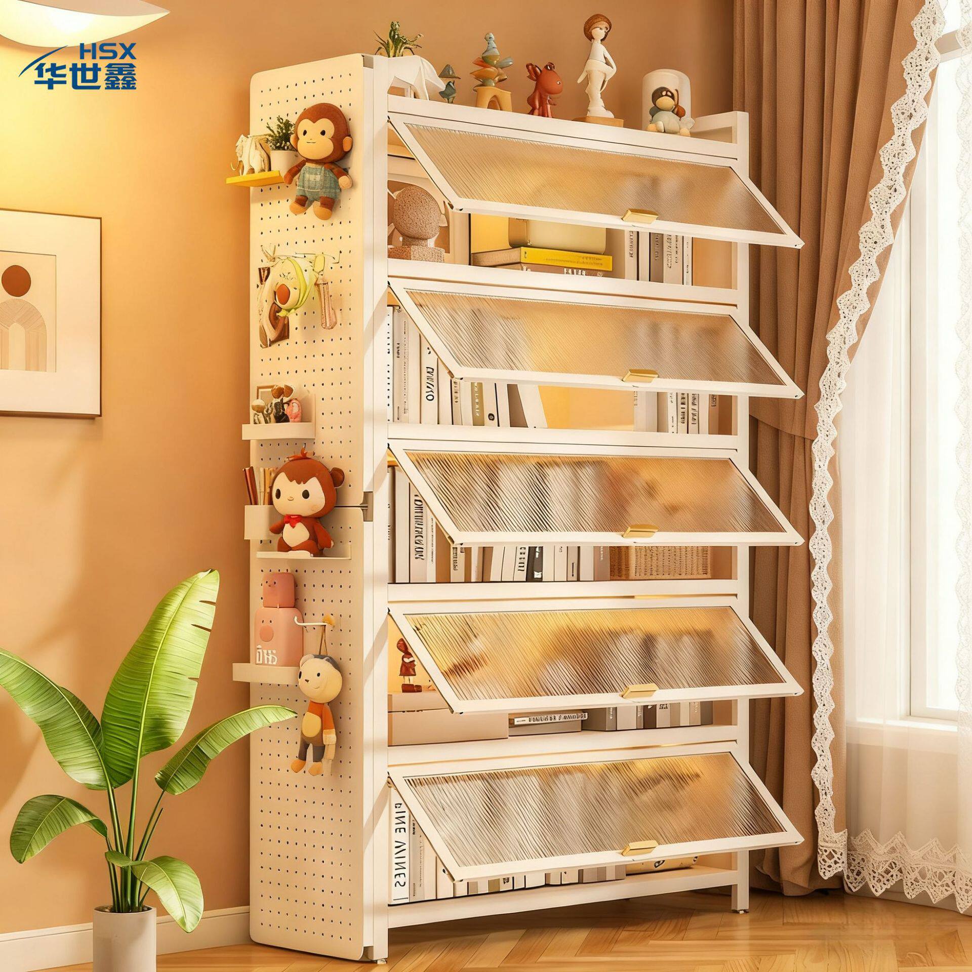 家用钢制书柜带门儿童书架一体式靠墙防尘储物柜落地置物架收纳柜