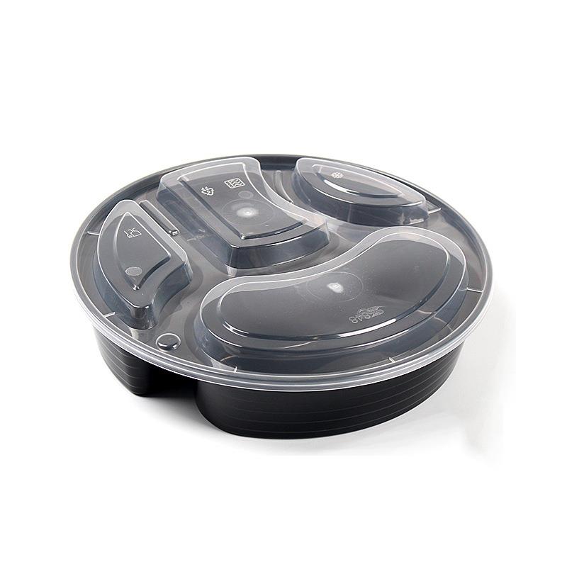 一次性四格打包饭盒黑色/橙色圆形加厚加硬快餐碗1100ml120个