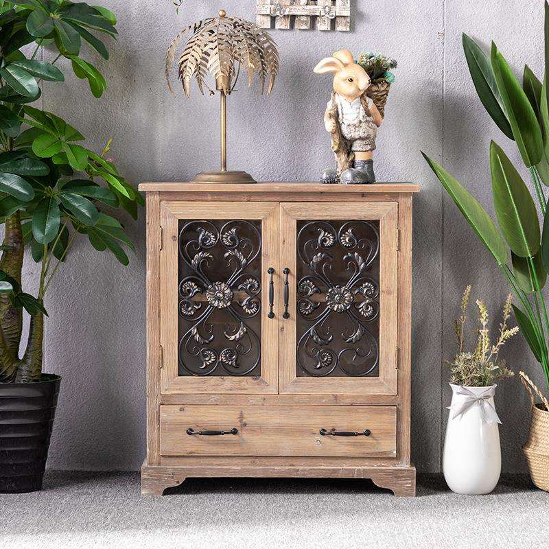 美式复古实木餐边柜客厅靠墙柜子铁艺储物柜收纳榆木玻璃榆木置物