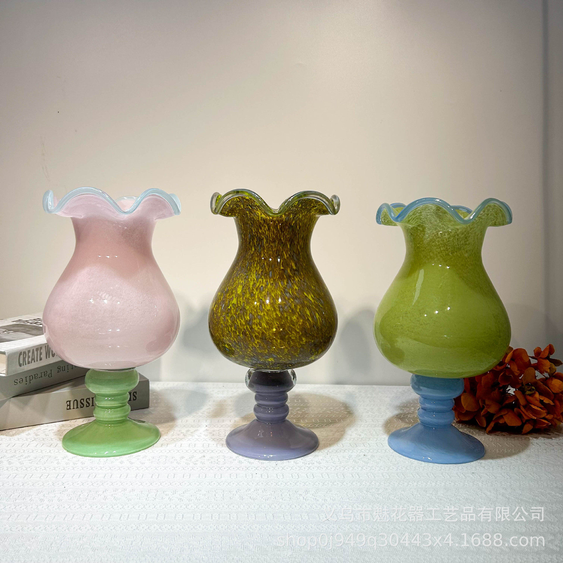 复古高级感手工捏边琉璃高脚花瓶客厅玄关餐桌插花摆件样板间装饰