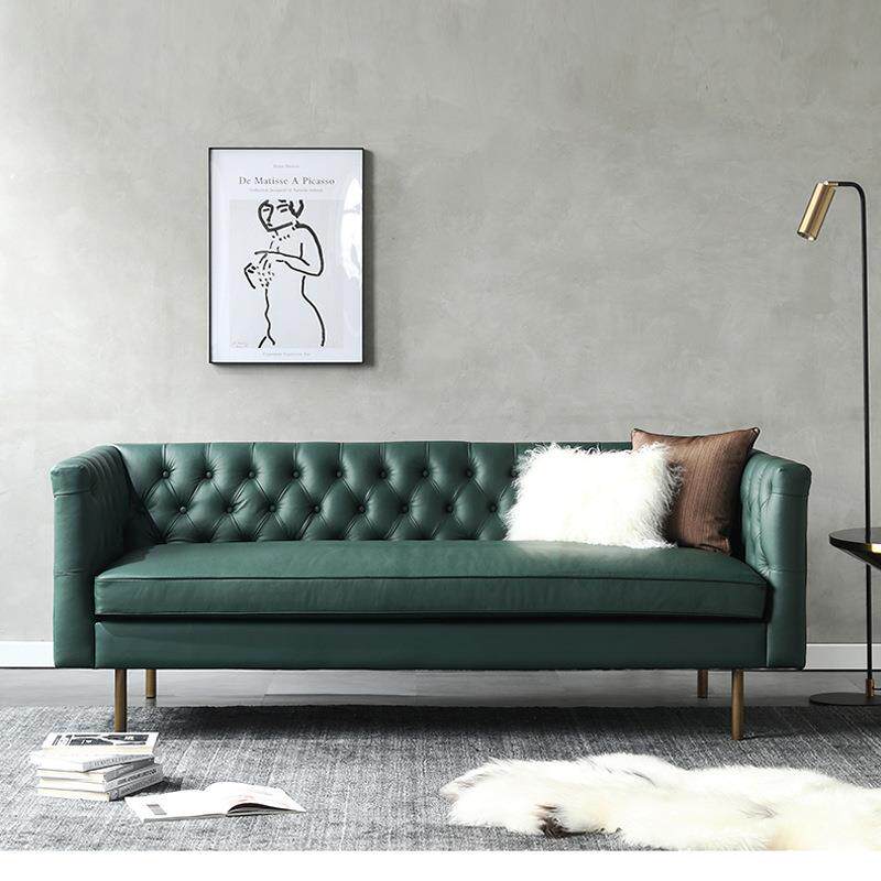 现代简约轻奢皮沙发小户型客厅美式墨绿色皮艺拉扣沙发