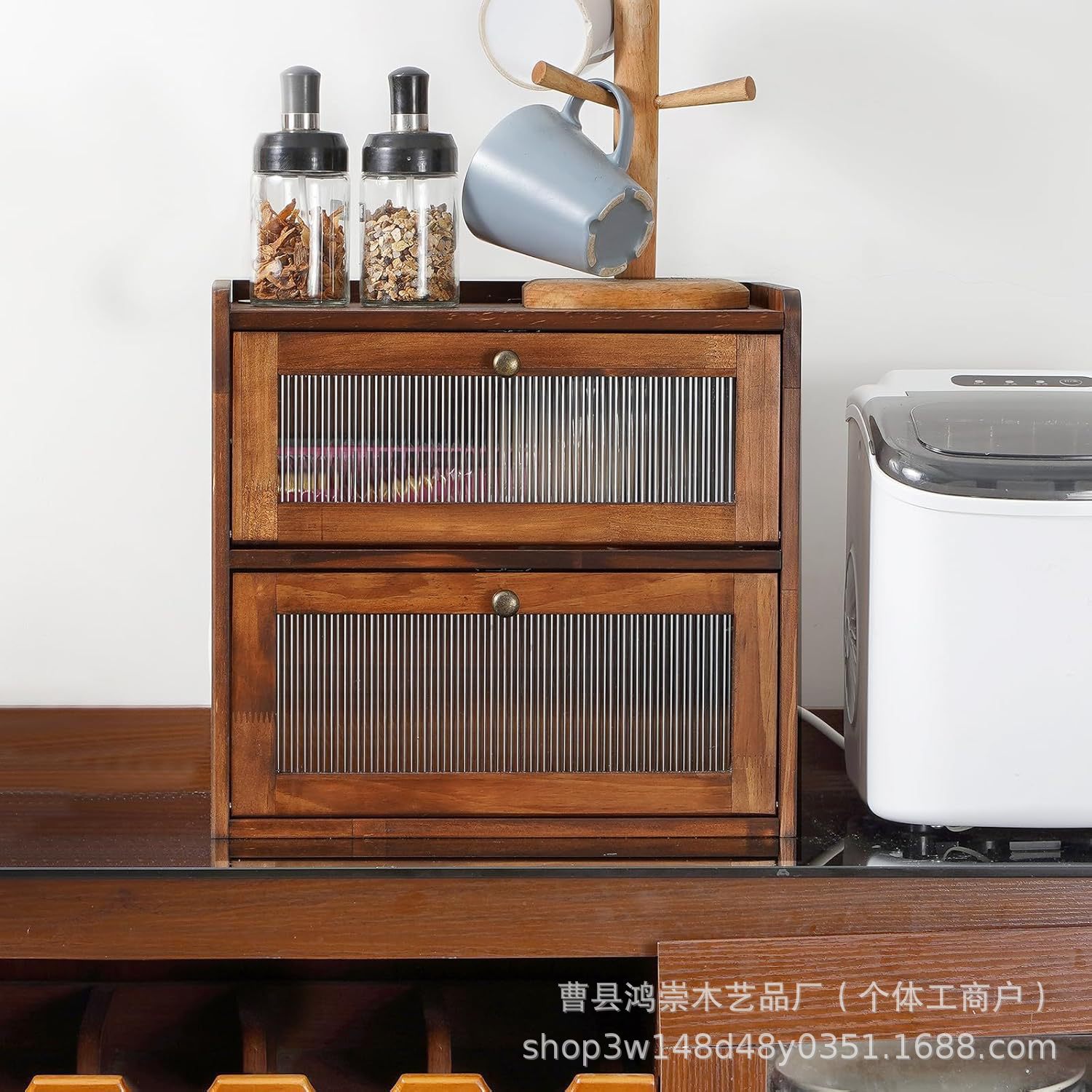 跨境木质厨房台面面包收纳箱分格酒店餐厅面包收纳翻盖储物柜